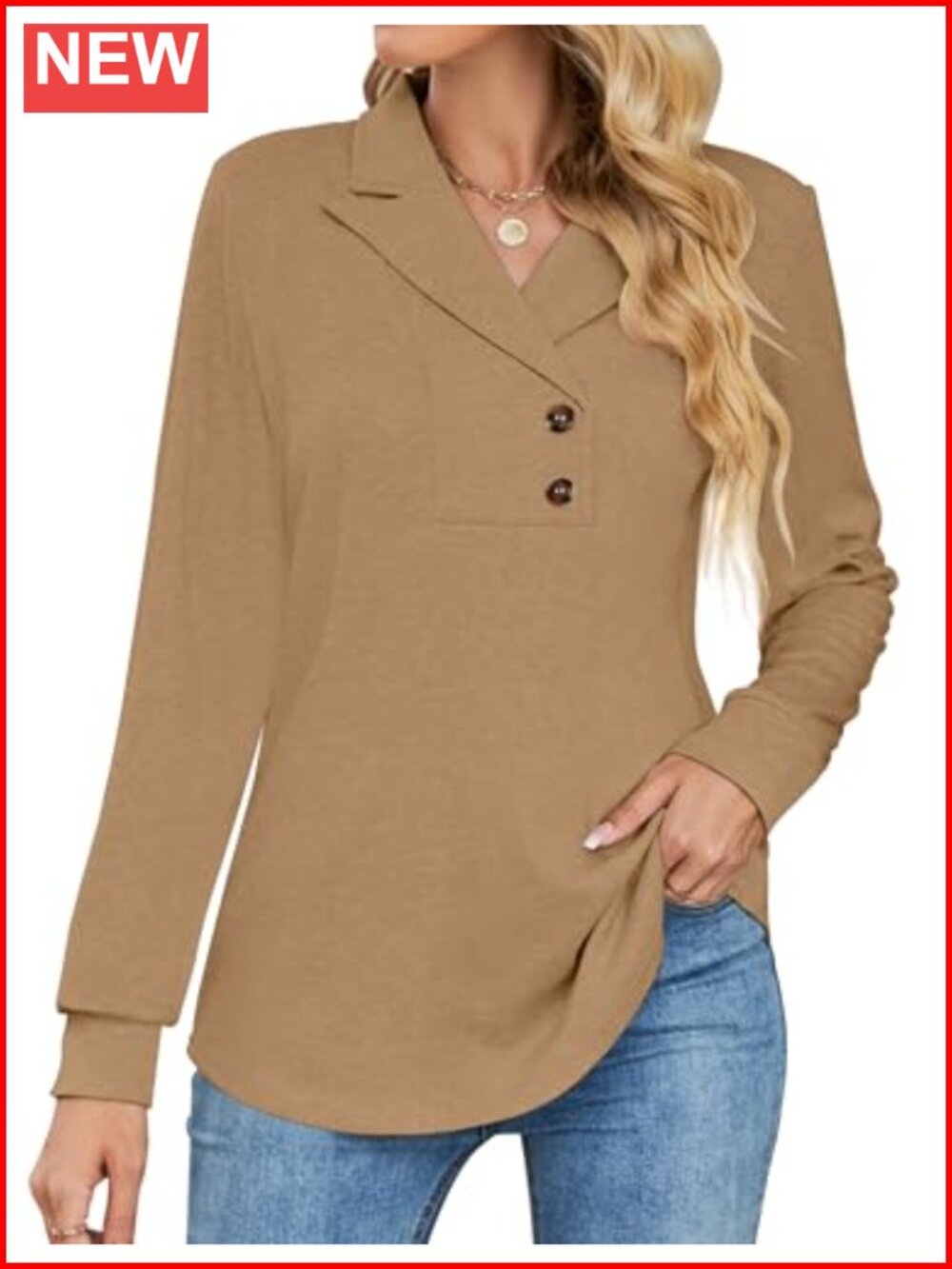Women's Long Sleeve V Neck Button Tunic Sweatshirt Business Casual Pullover